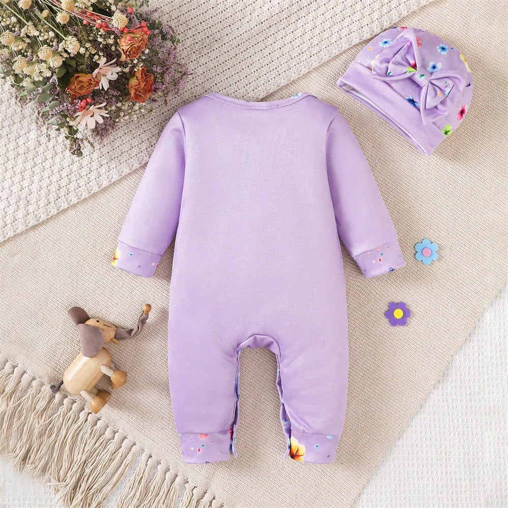 2PCS Elephant and Floral Print Long Sleeve Baby Jumpsuit