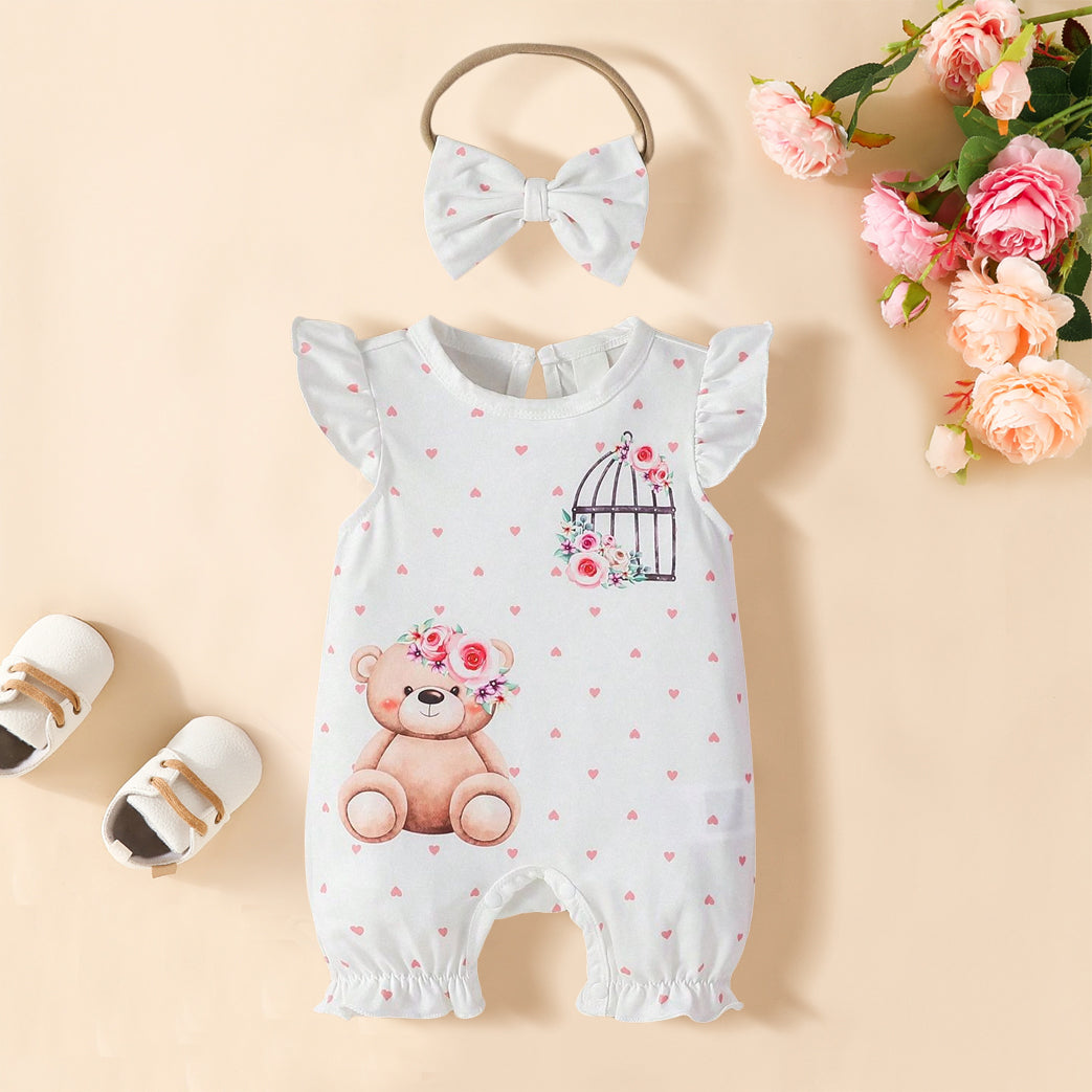 2PCS Bear Heart Print Sleeveless Baby Jumpsuit