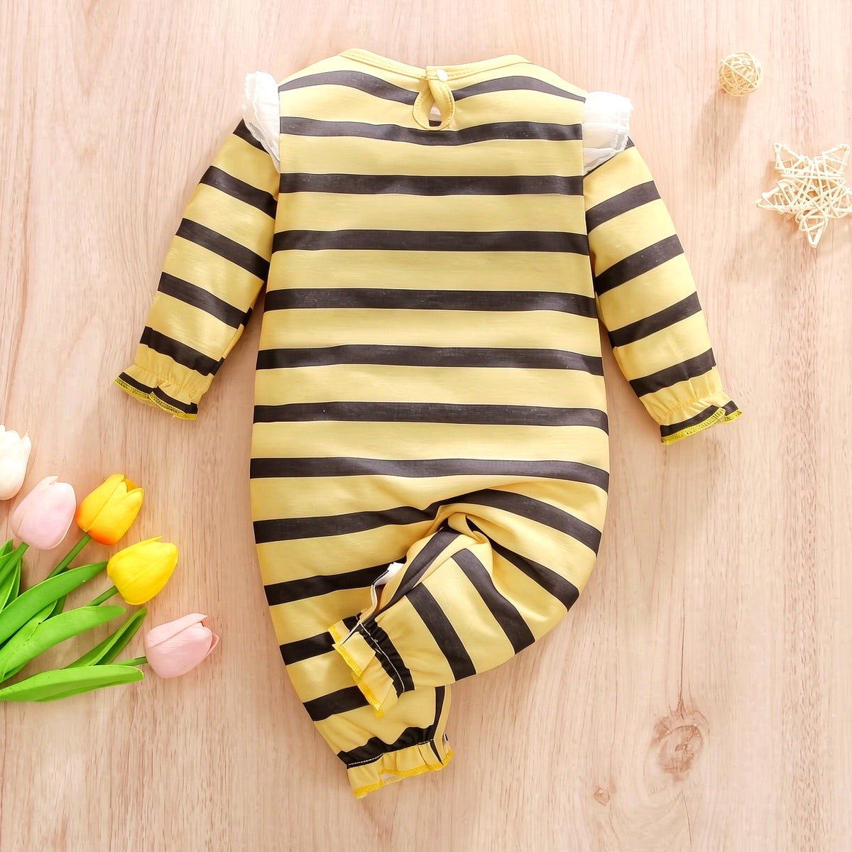 Lovely Bee Stripe Print Long Sleeve Baby Girl Jumpsuit