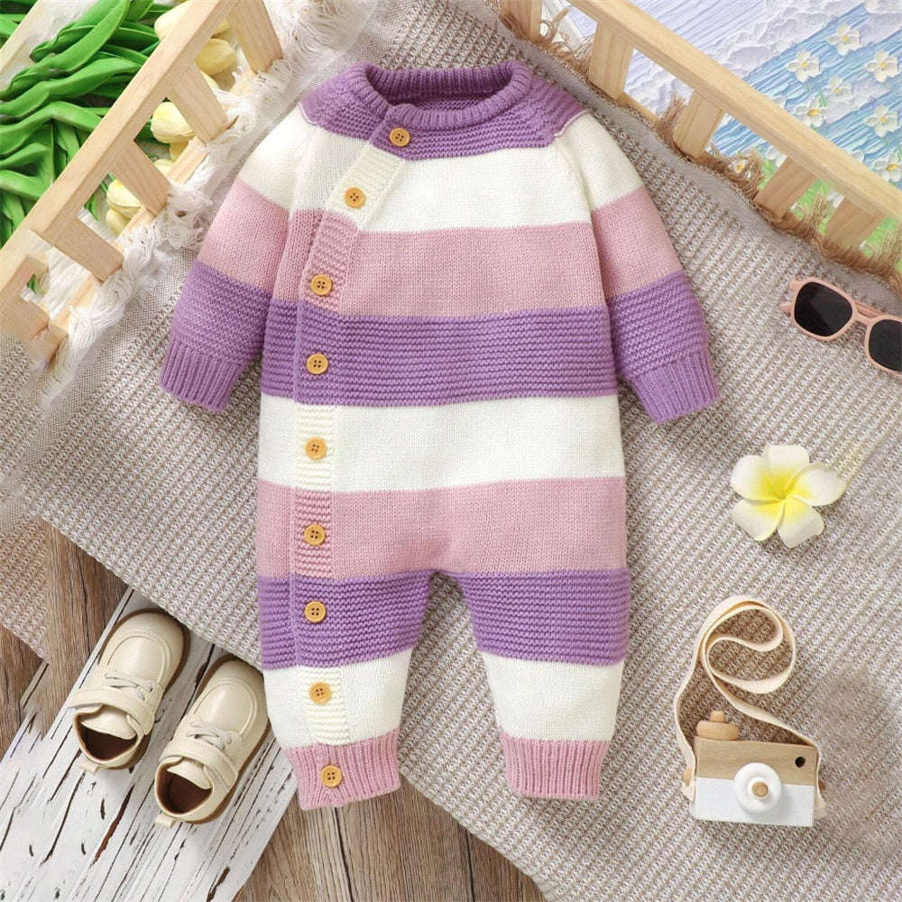 Comfy Solid Color Patchwork Knit Sweater Baby Jumpsuit