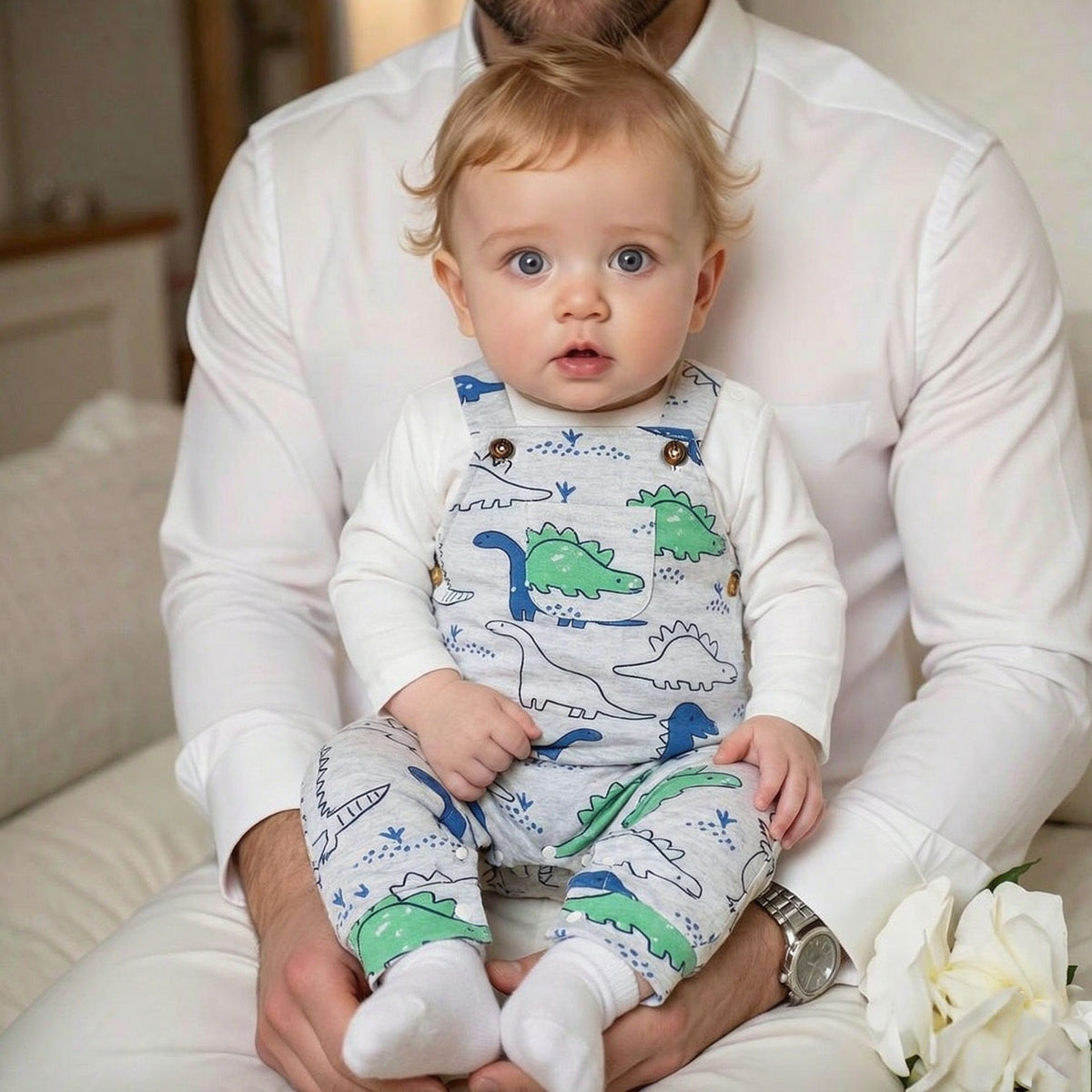 2PCS Cute Dinosaur Print Long Sleeve Baby Boy Overalls Set