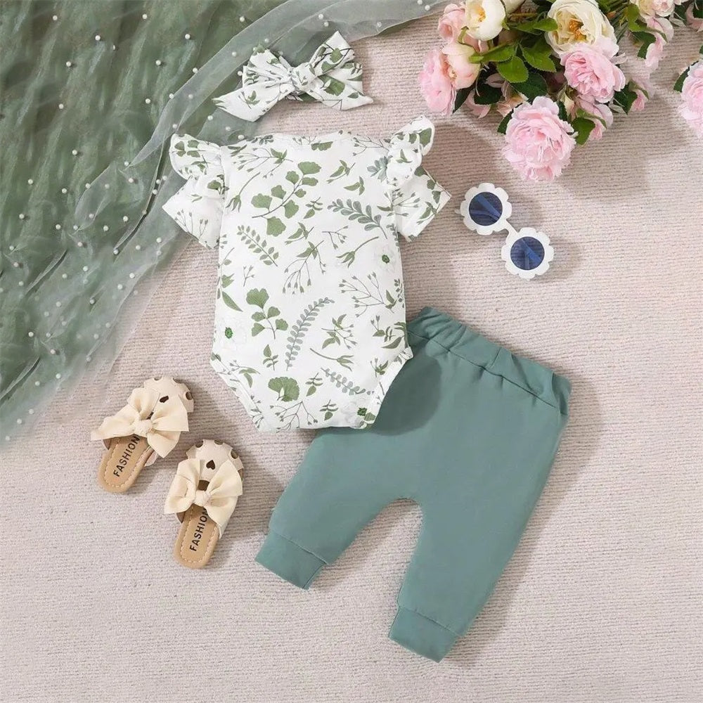 3PCS Stylish Floral Printed Ruffled Short Sleeve Baby Set