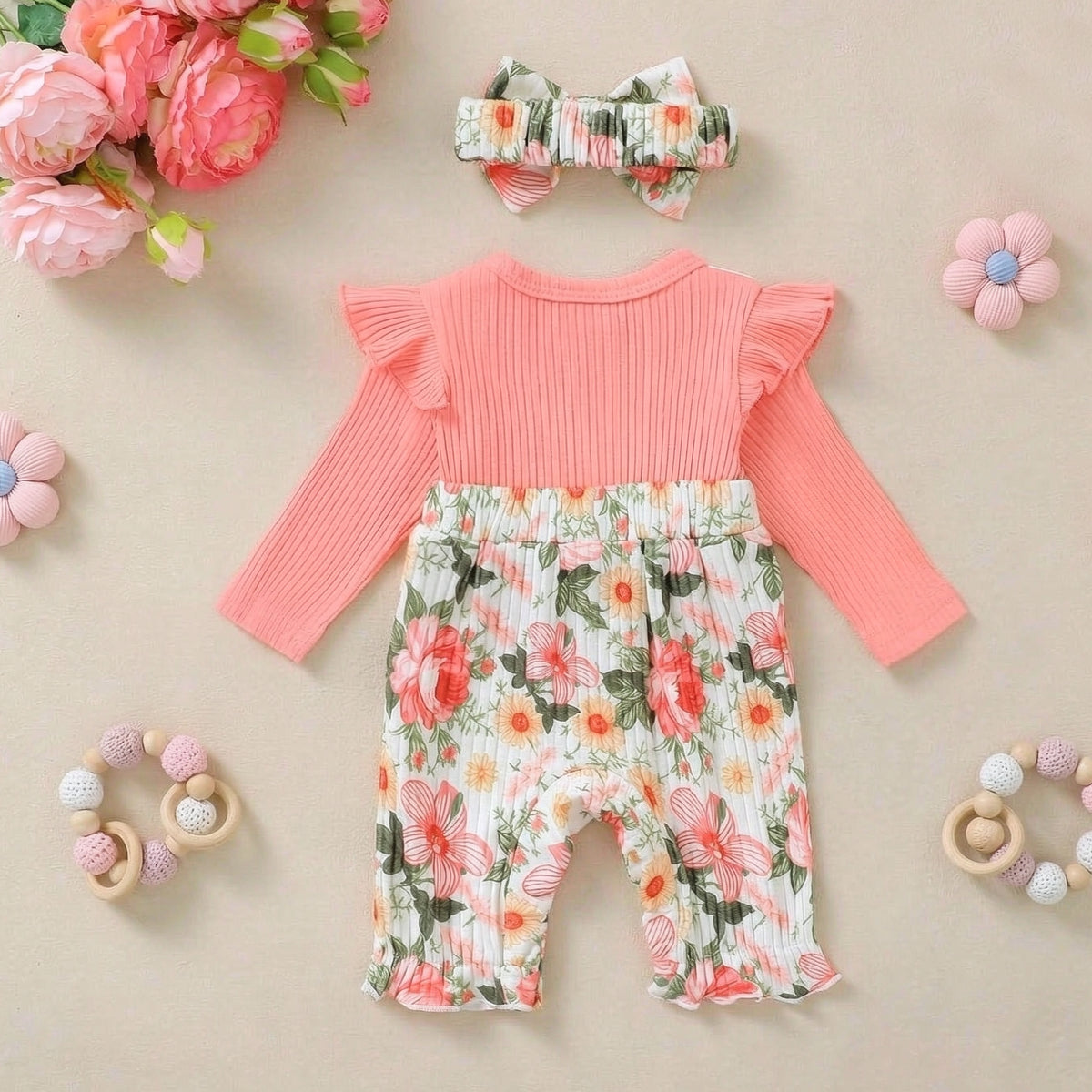 2PCS Delightful Baby Girl Floral Print Faux Two Piece Jumpsuit