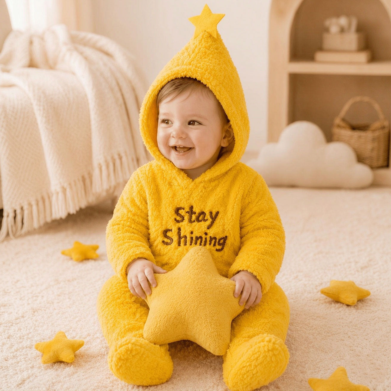 Fuzzy Stay Shining Letter Embroidery Star Decor Hoodie Baby Jumpsuit