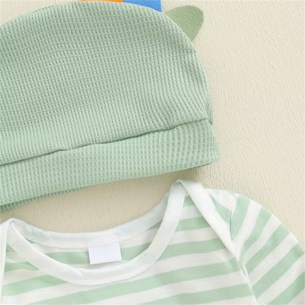 3PCS Casual Dinosaur Print Striped Long Sleeve Baby Overalls Set