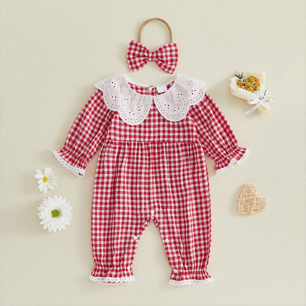 2PCS Chic Plaid Printed Long Sleeve Baby Girl Jumpsuit