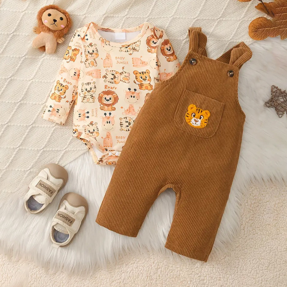 2PCS Cute Animal Print Long Sleeve Baby Overalls Set