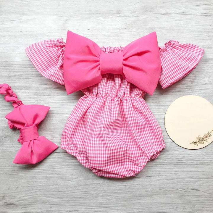 2PCS Grace Plaid Printed Bowknot Decor Baby Romper