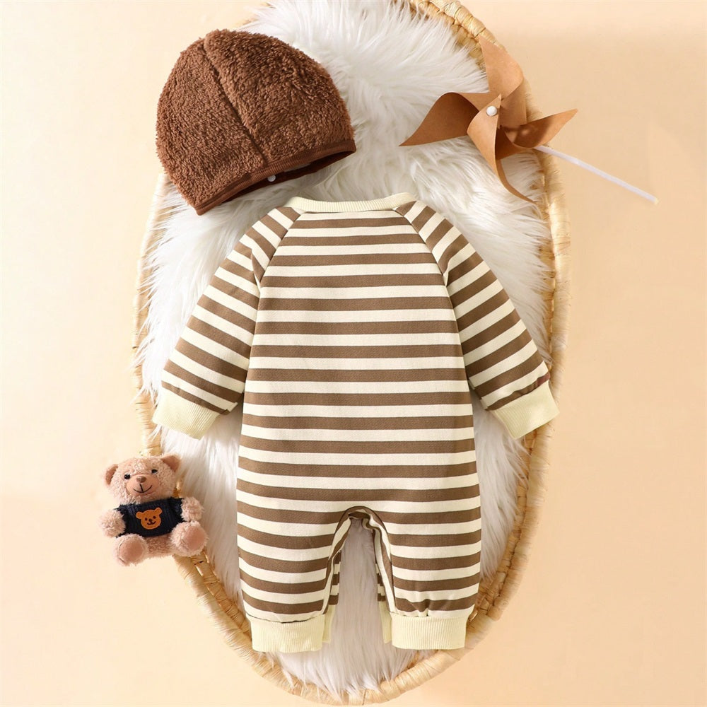 2PCS Cartoon Bear Embroidery striped Long Sleeve Baby Jumpsuit