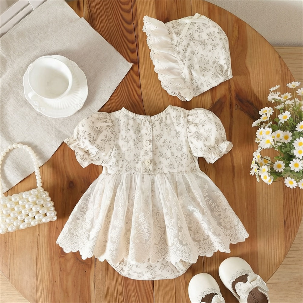 2PCS Elegant Floral Print Short Sleeve Lace Baby Romper