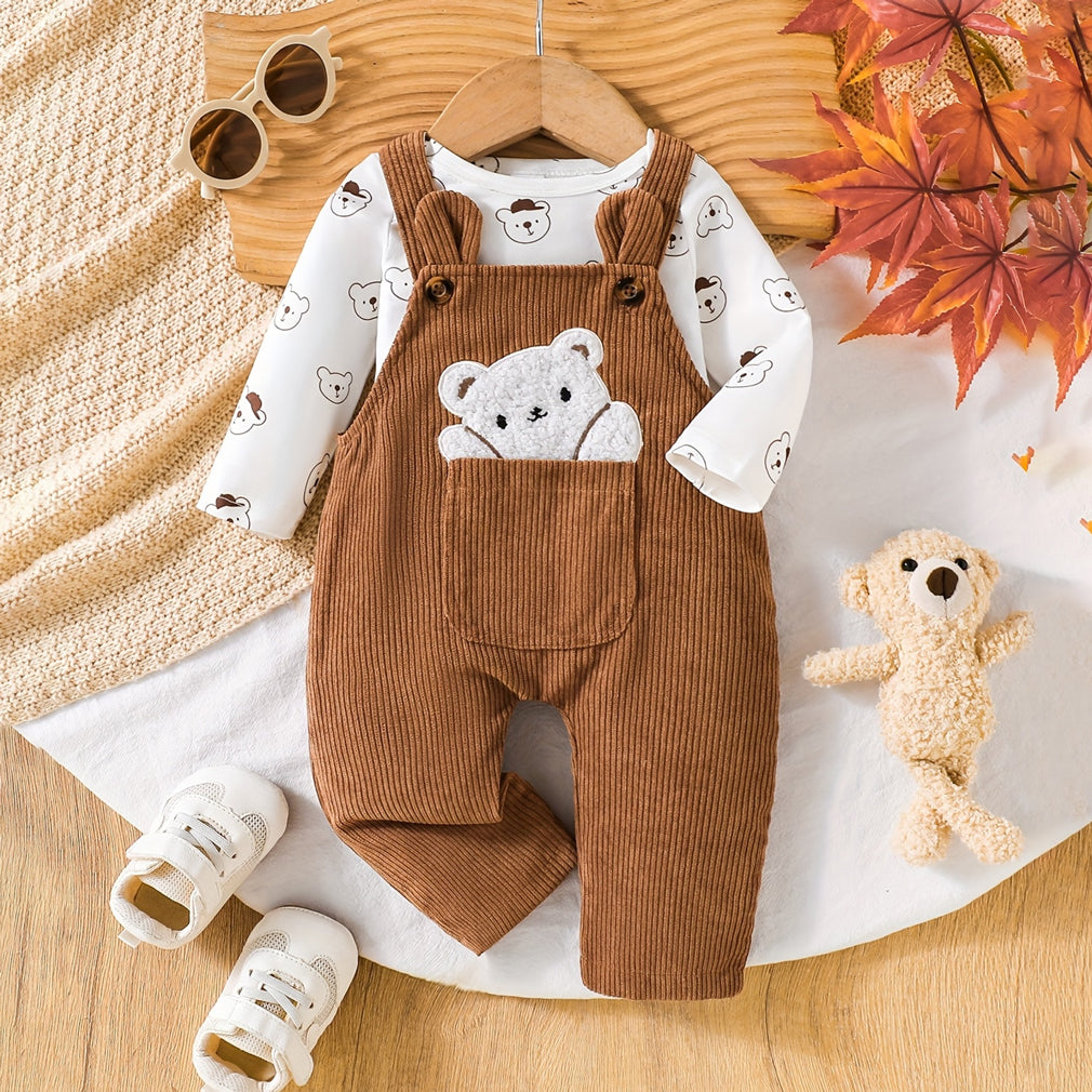 2PCS Comfy Bear Printed Long Sleeve Baby Overalls Set
