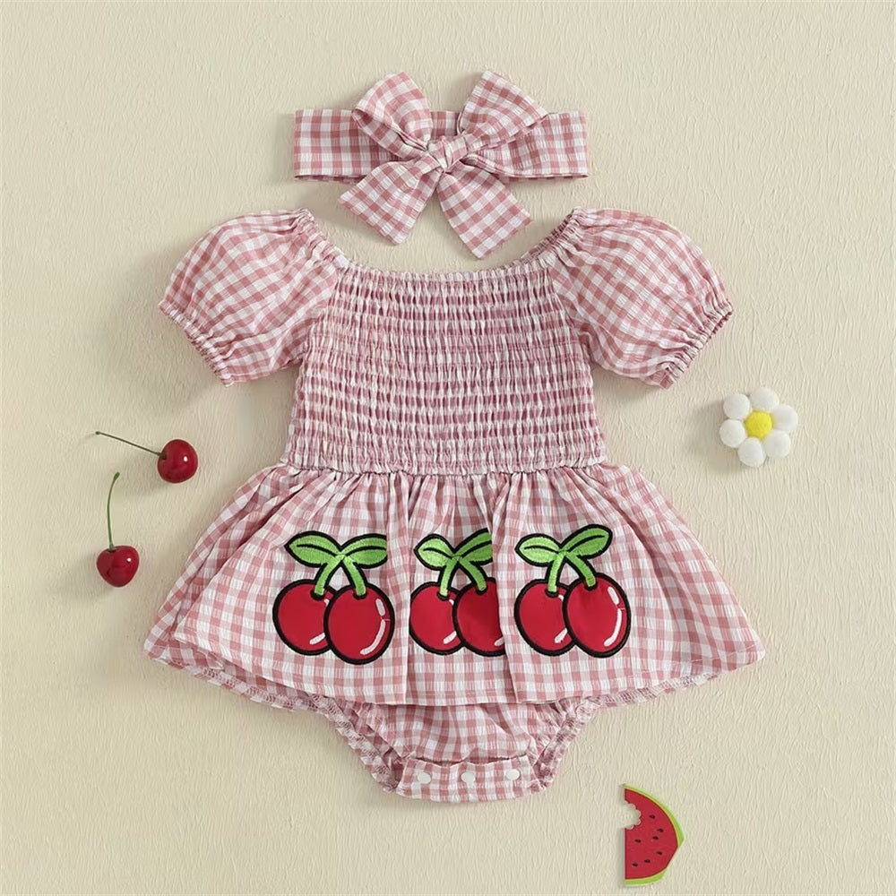 2PCS Cute Cherry Printed Plaid Short Sleeve Baby Romper