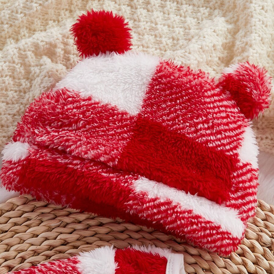 2PCS Lovely Santa Applique Plaid Print Fleece Long Sleeve Baby Jumpsuit