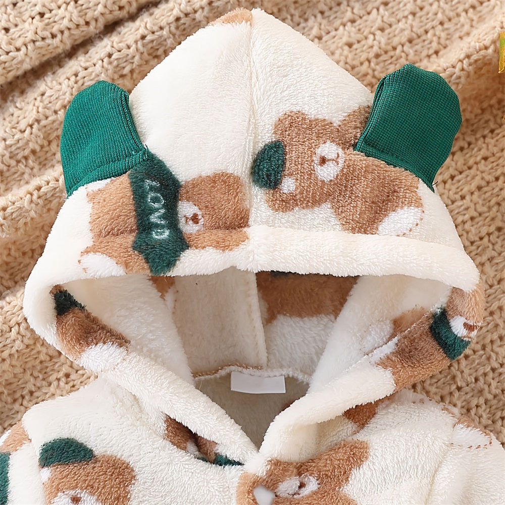 Plush Bear Print Long Sleeve Plush Hooded Jumpsuit