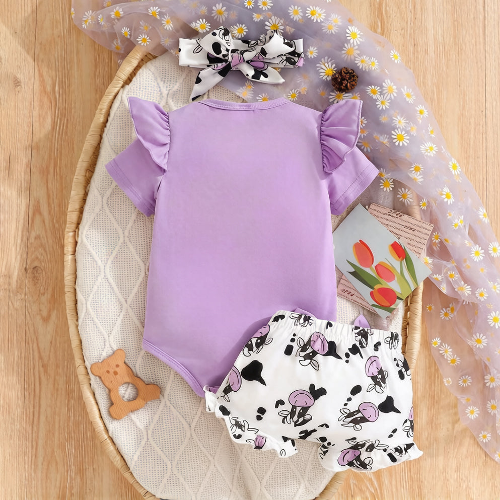 3PCS Holy Cow I'm Cute Letter Cow Print Short Sleeve Baby Set