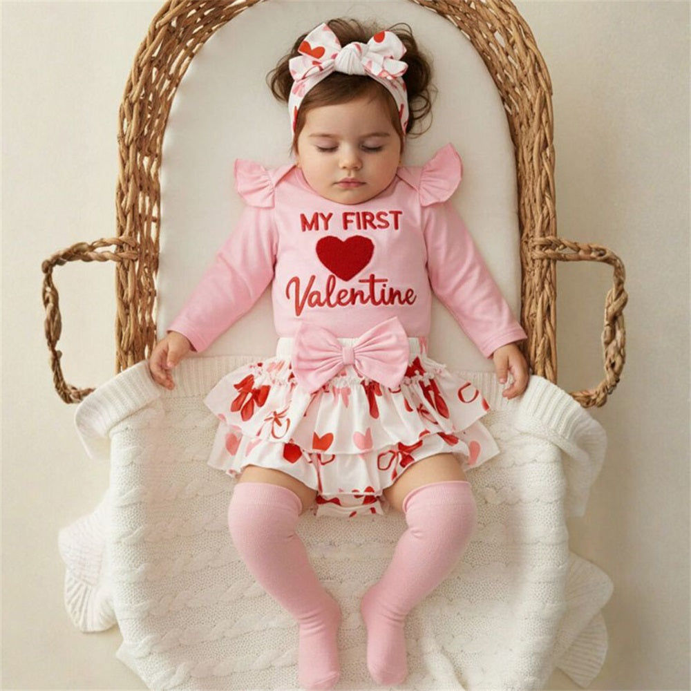 3PCS My First Valentine Letter Embroidery Bow Print Baby Set