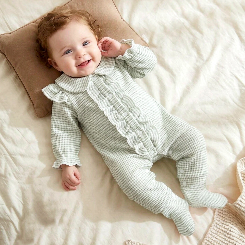 Comfy Solid Color Waffle Long Sleeve Ruffle Baby Girl Jumpsuit
