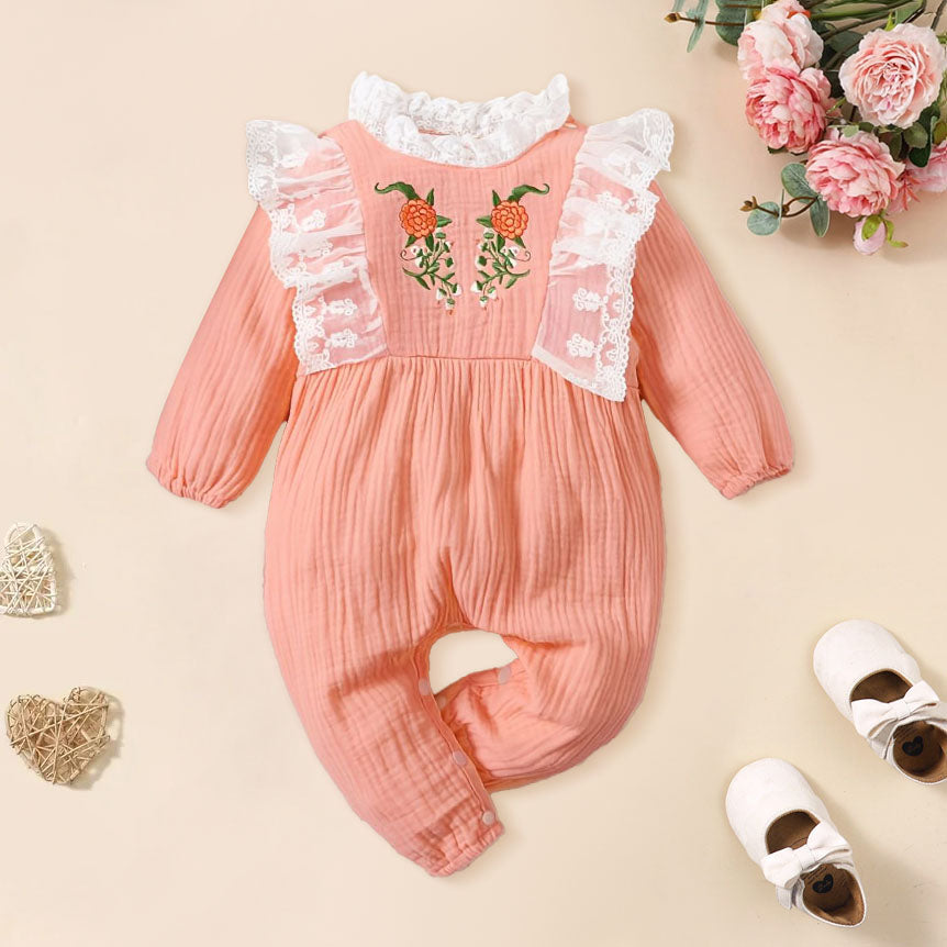 Lovely Floral Printed Lace Long Sleeve Baby Jumpsuit