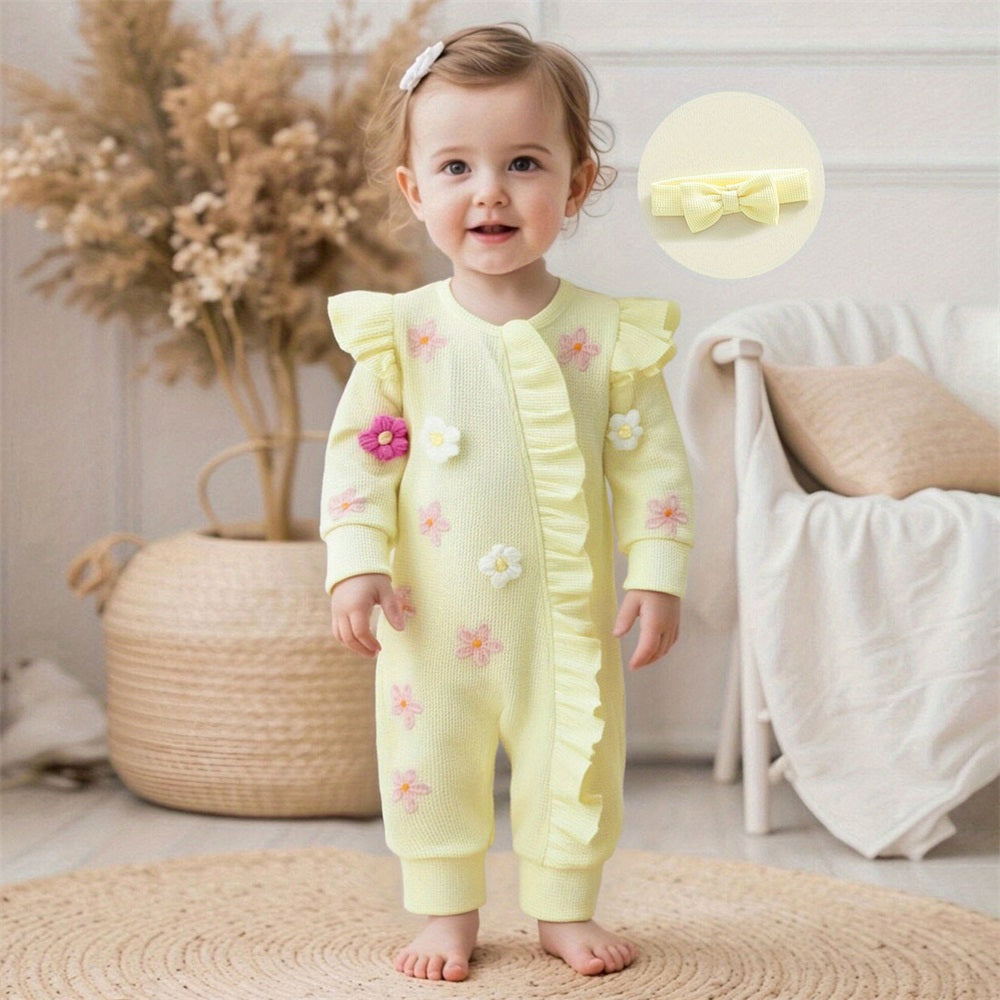 2PCS Cute 3D Flower Ruffled Long Sleeve Baby Jumpsuit