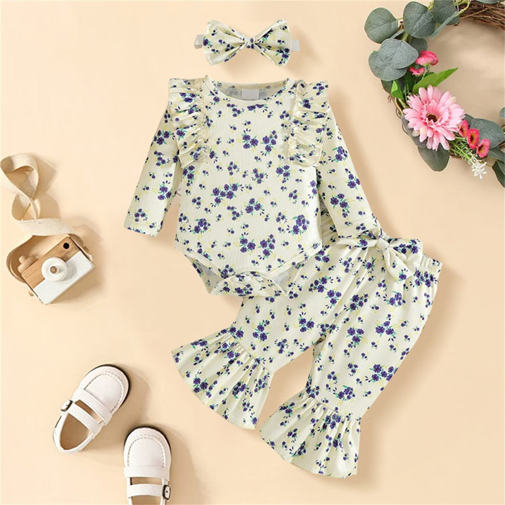 3PCS Stylish Casual Floral Printed Long Sleeve Baby Set