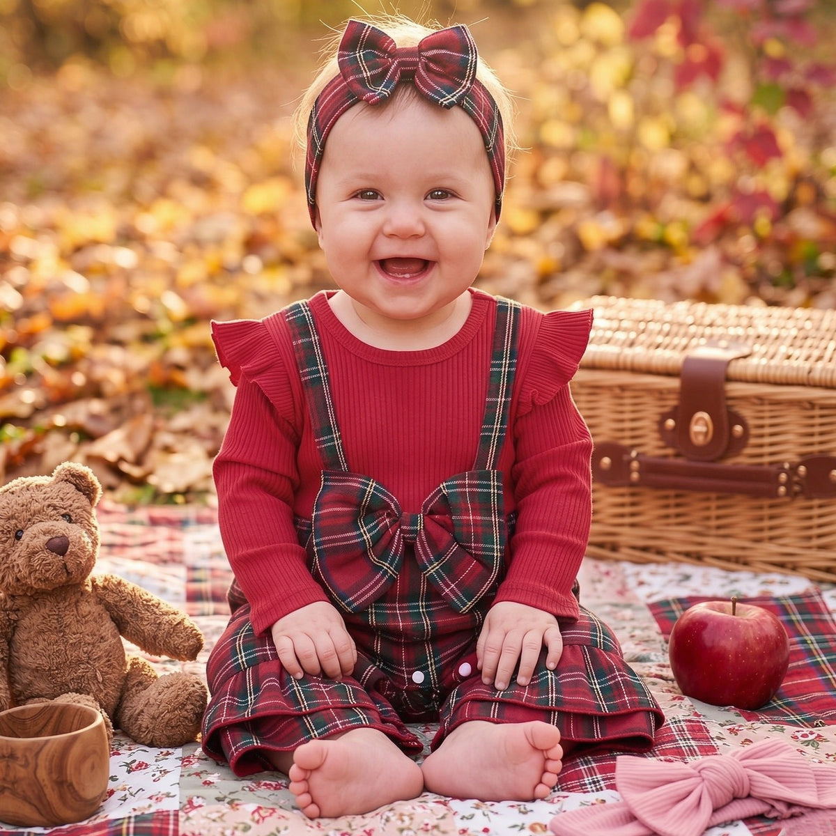 2PCS Pretty Plaid Print Bow Long Sleeve Baby Girl Jumpsuit