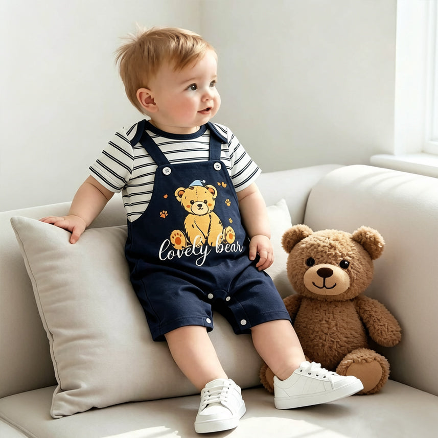 Casual Bear Stripe Printed Short Sleeve Baby Jumpsuit