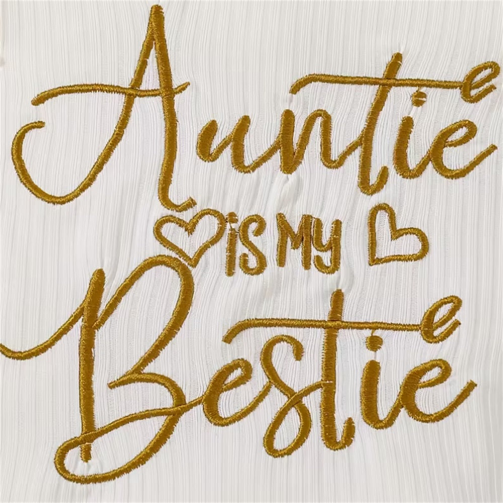 3PCS Auntie Is My Bestie Letter Embroidery Floral Print Baby Set