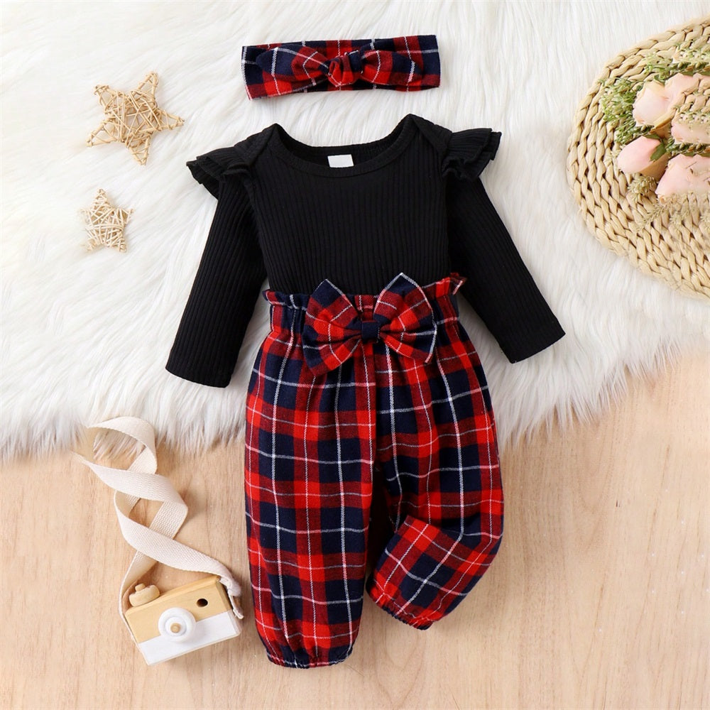 3PCS Casual Plaid Print Long Sleeve Baby Set