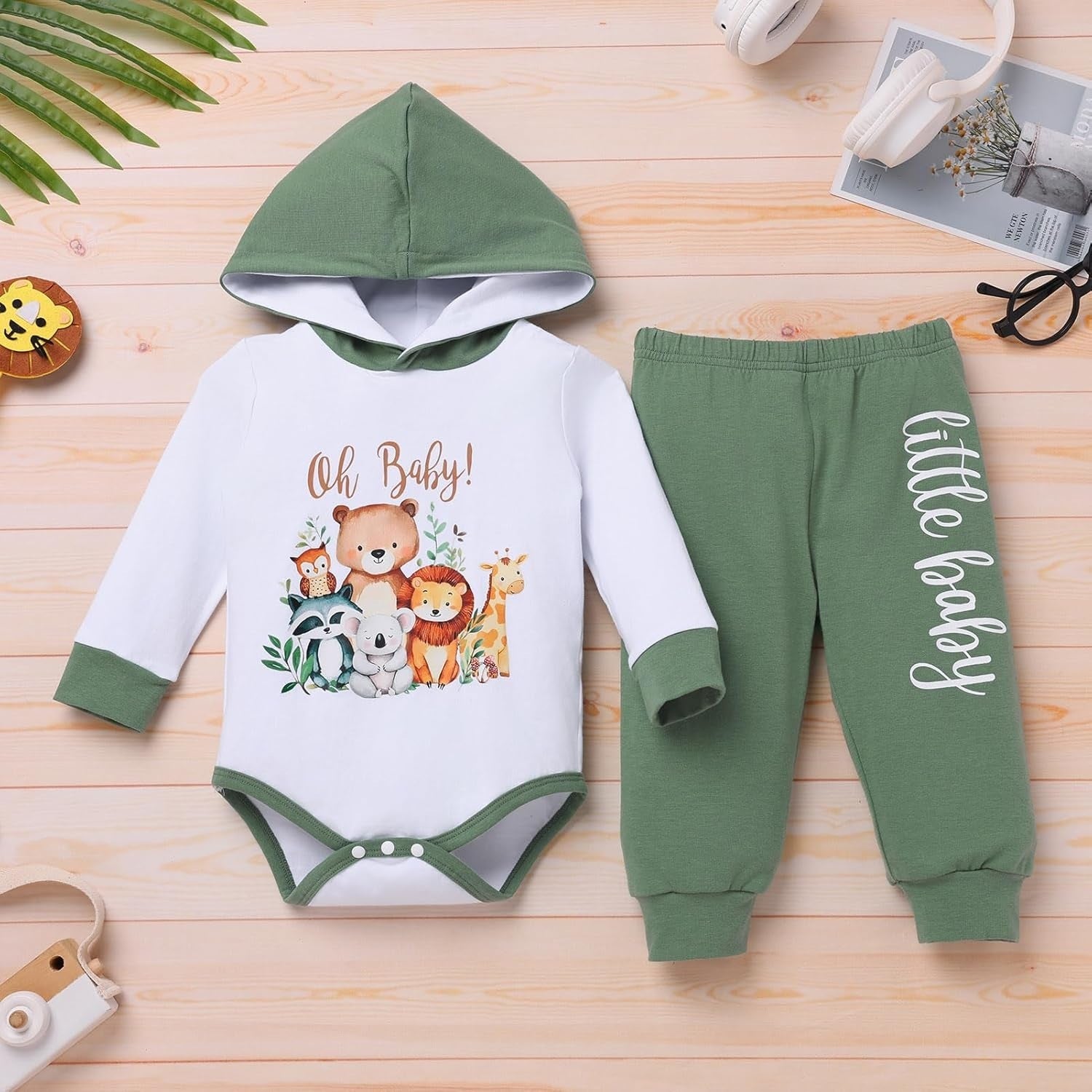 2PCS Oh Baby Letter Animal Printed Hoodie Baby Set