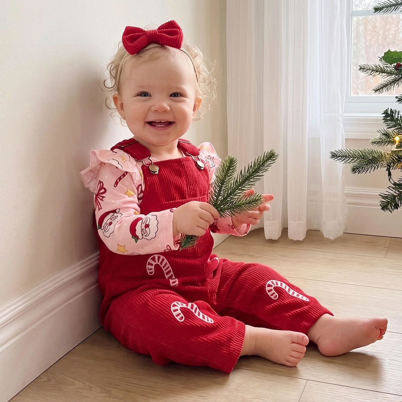 3PCS Letter Candy Cane Embroidery and Santa Print Baby Overalls Set