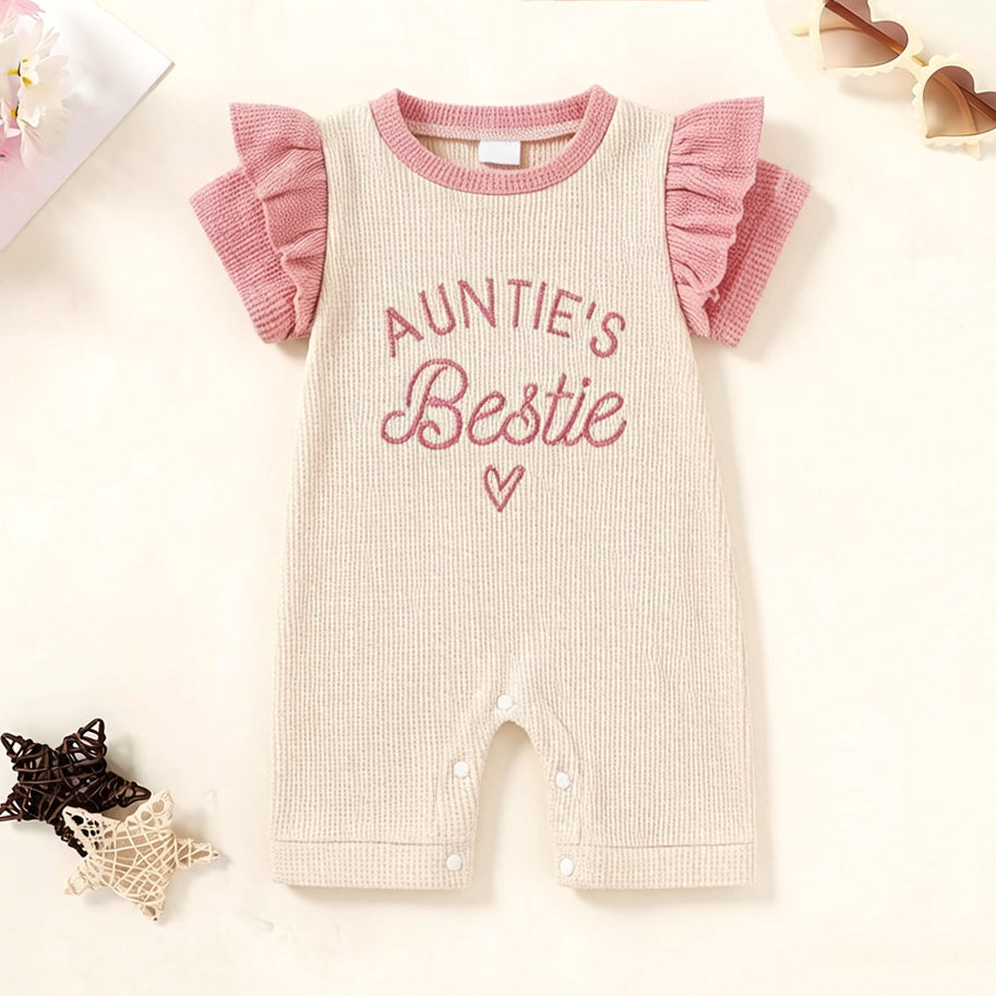 Elegant Auntie's Bestie Letter Print Short Sleeve Baby Jumpsuit