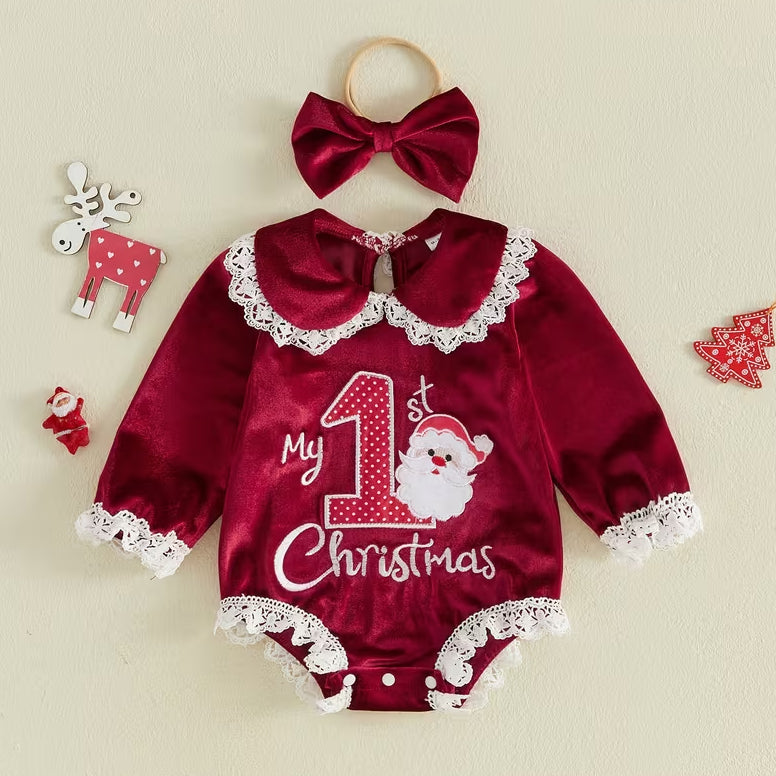 2PCS My 1st Christmas Letter Santa Embroidered Baby Girl Velvet Romper