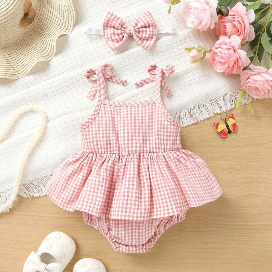 2PCS Pretty Plaid Print Bowknot Sleeveless Baby Romper