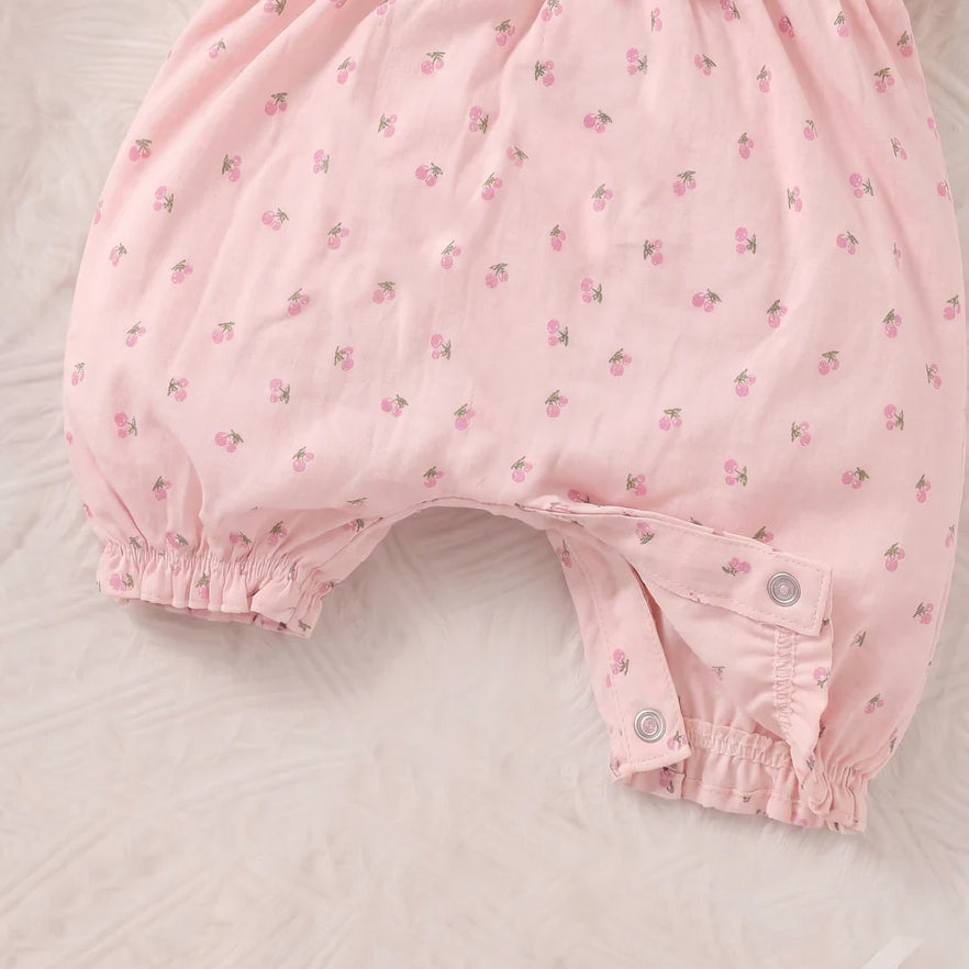 Elegant Cherry Print Flutter Sleeve Baby Jumpsuit
