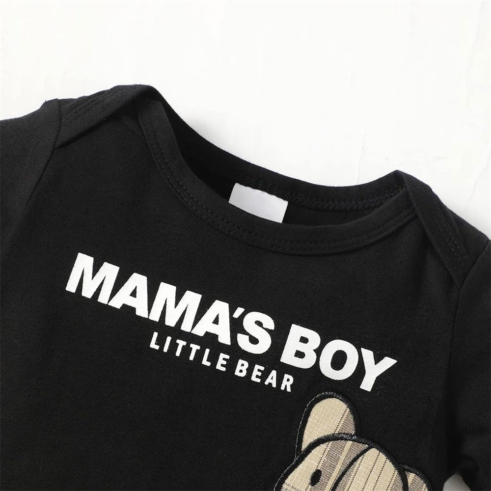 3PCS Mama's Boy Little Bear Embroidery Letter Plaid Print Baby Set