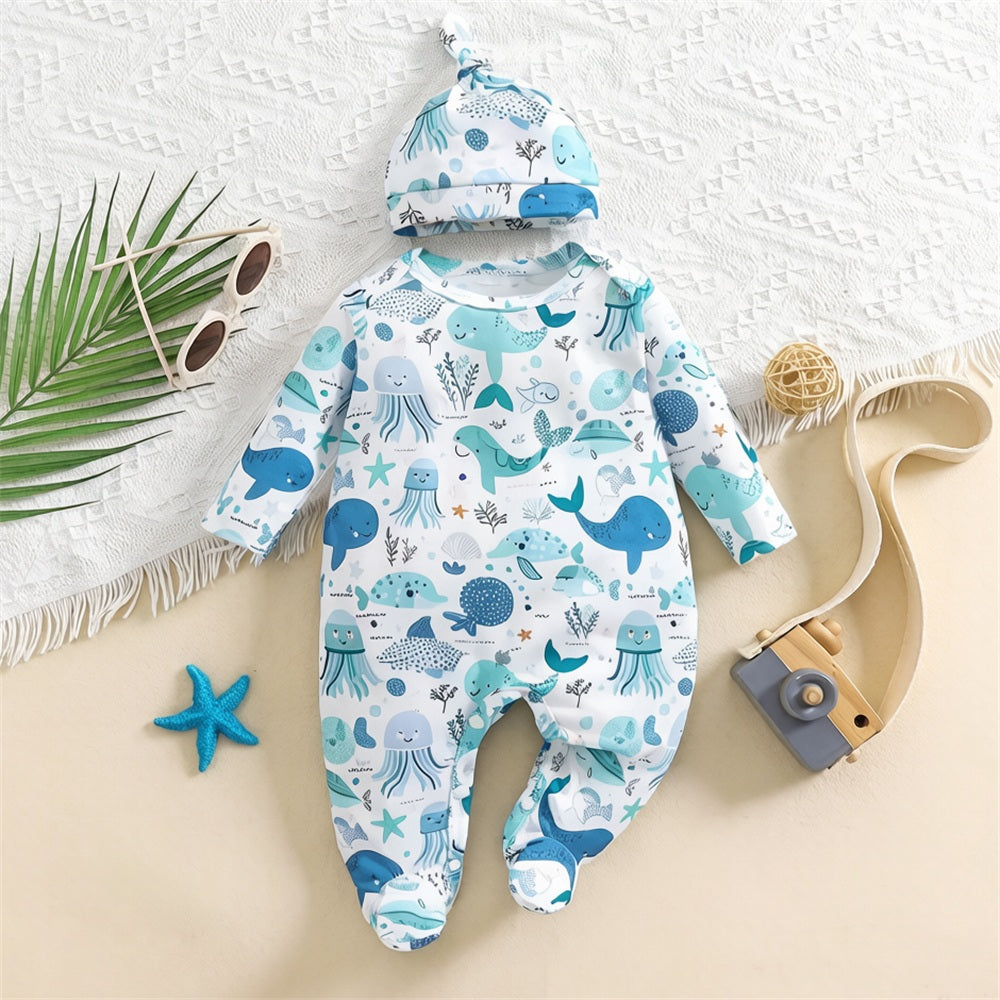 2PCS Cute Sea Animals Printed Long Sleeve Baby Jumpsuit