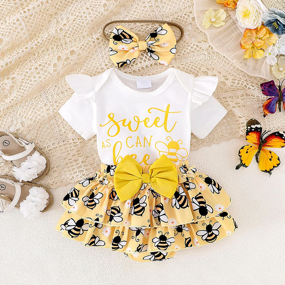 3PCS Sweet As Can Bee Letter Print Short Sleeve Baby Set