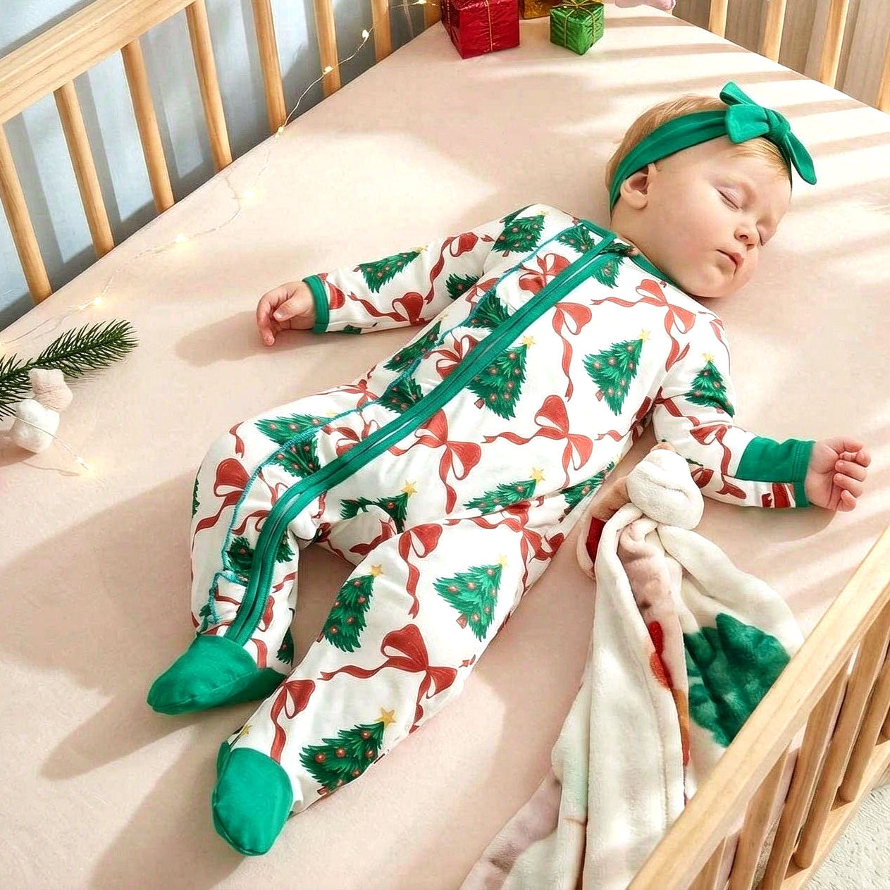2PCS Christmas Tree Bow Printed Zipper Long Sleeve Baby Jumpsuit