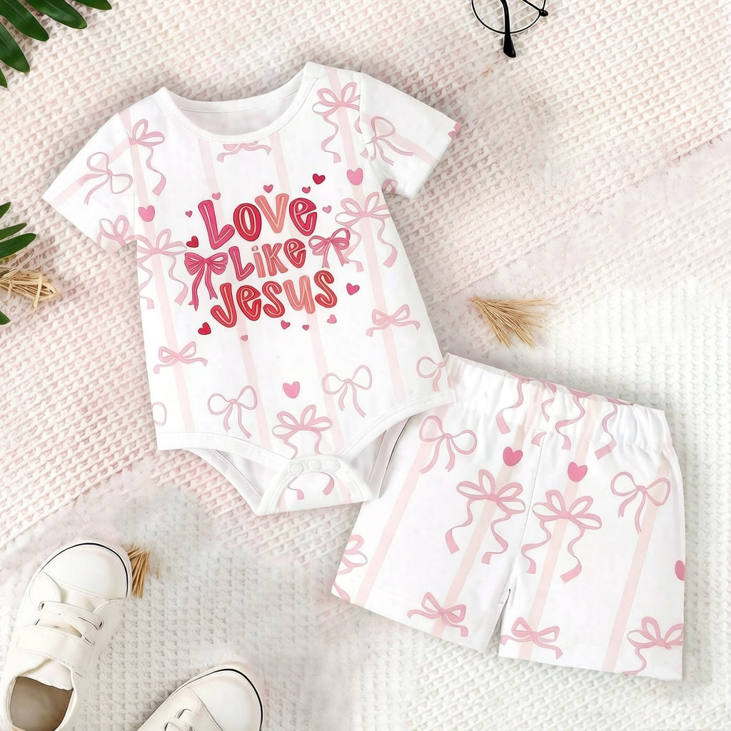 2PCS Love Like Jesus Letter Bow Print Baby Set