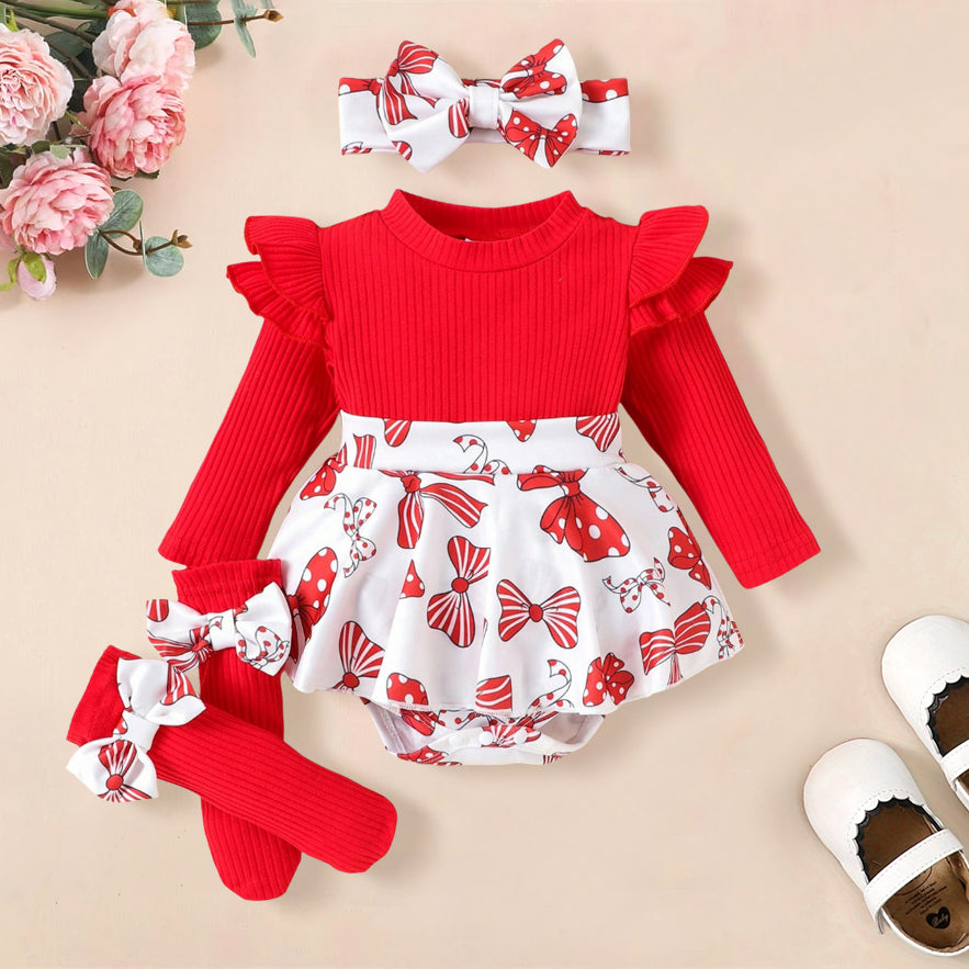 3PCS Christmas Bowknot Printed Baby Romper