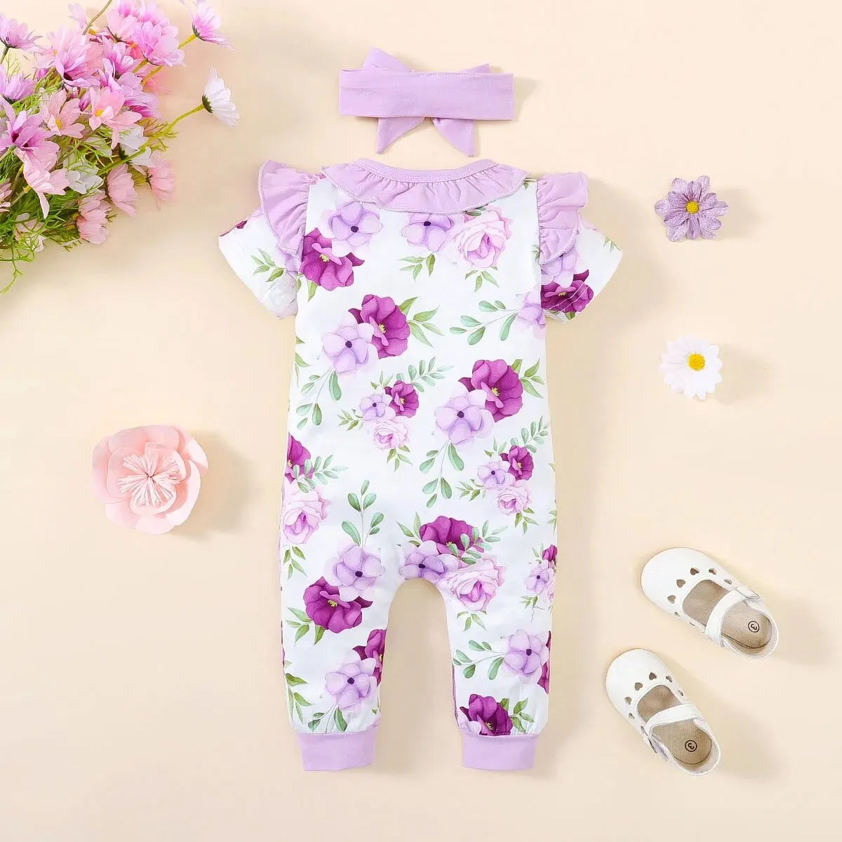 2PCS Pretty Floral Printed Ruffles Short Sleeve Baby Jumpsuit