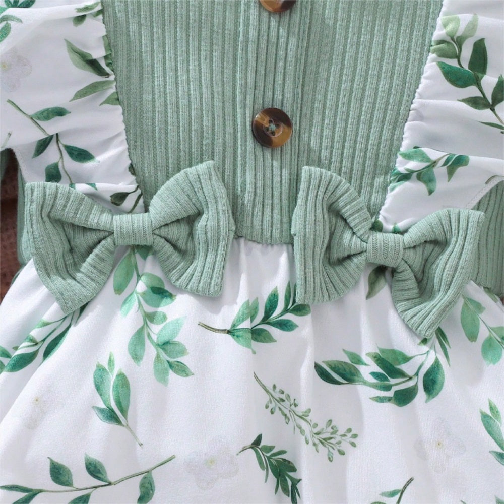 2PCS Leaf Allover Print Long Sleeve Baby Jumpsuit