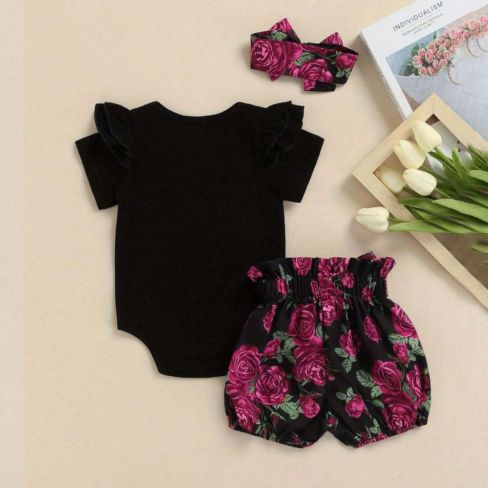 3PCS I'm A Princess Letter Floral Printed Short Sleeve Baby Set