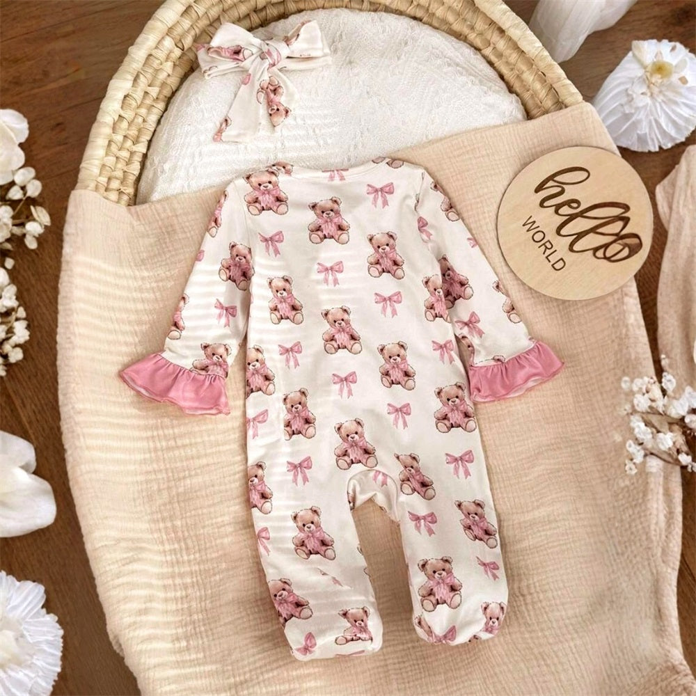 2PCS Cute Bear Printed Long Sleeve Frill Trim Zip Baby Jumpsuit