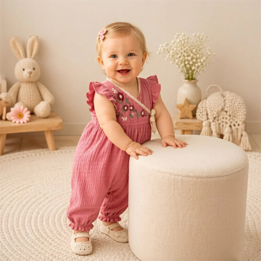 Cheerful Floral Embroidery Flutter Sleeve Baby Jumpsuit