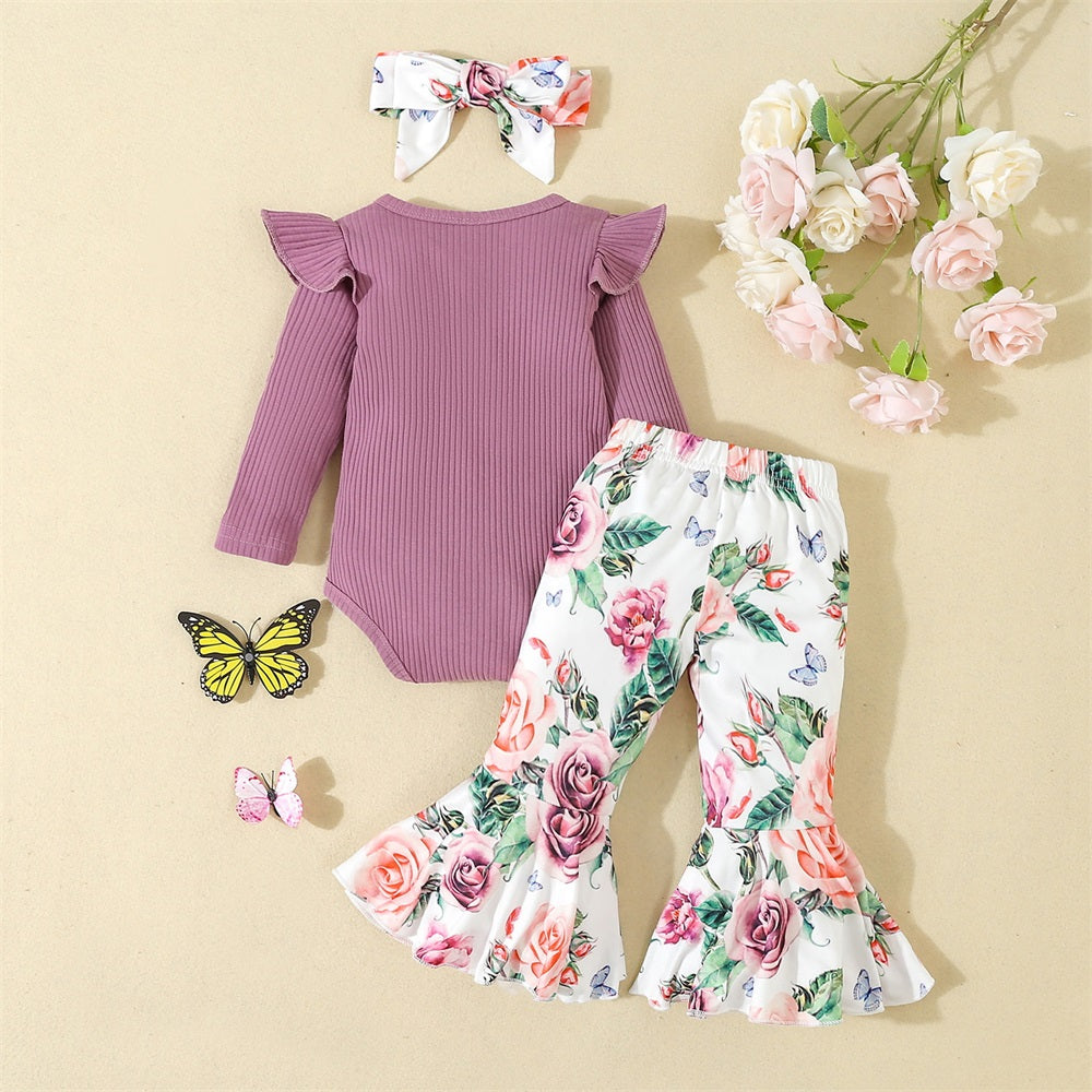 3PCS Stylish Floral Print Bow Long Sleeve Baby Set