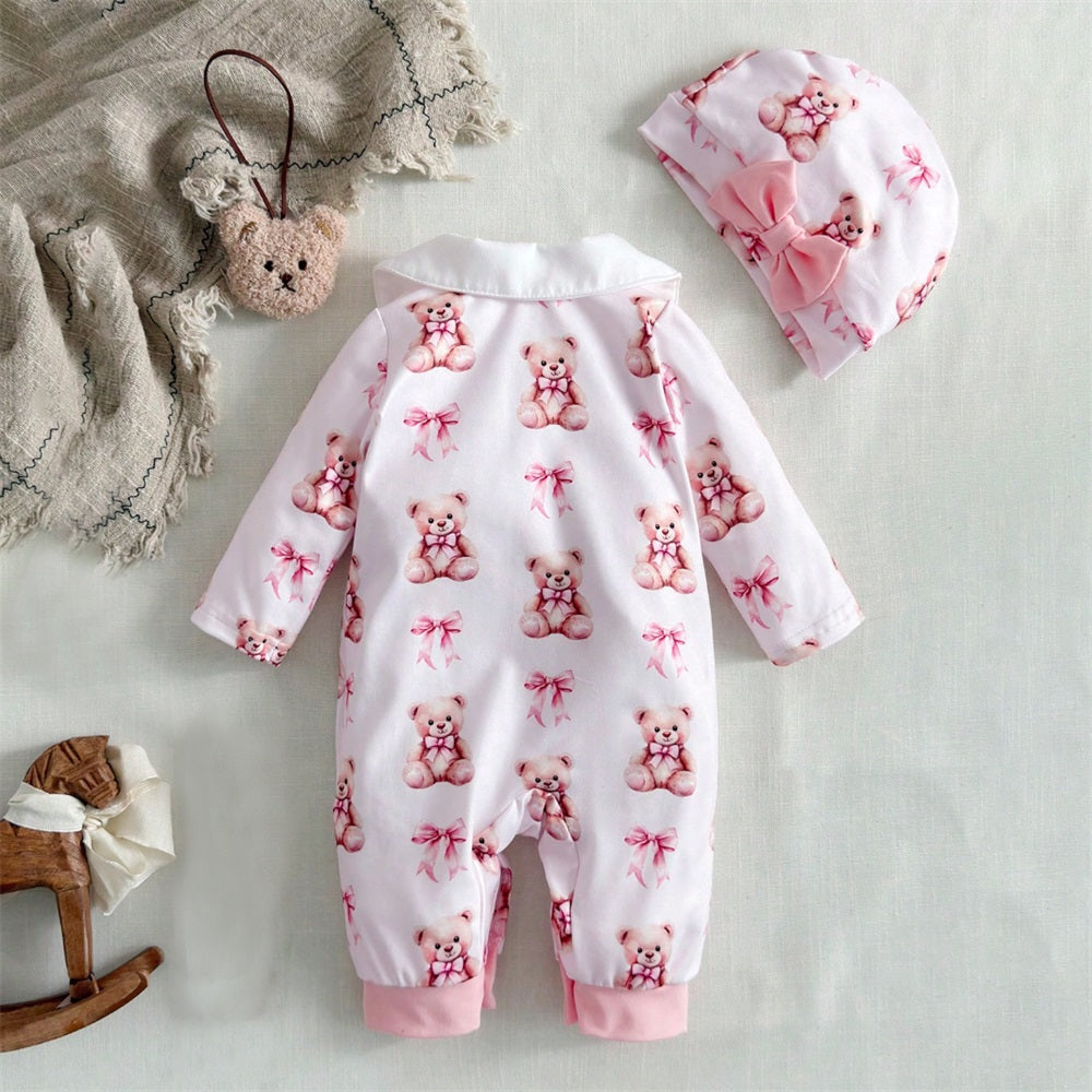 2PCS Lovely Bear Bow Print Long Sleeve Baby Jumpsuit