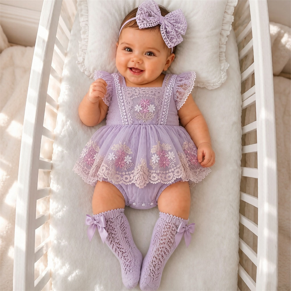 3PCS Adorable Floral Embroidery Flutter Sleeve Baby Romper
