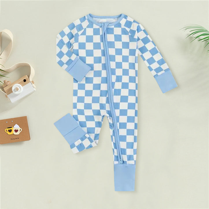 Stylish Plaid Printed Zipper Bamboo Viscose Baby Jumpsuit