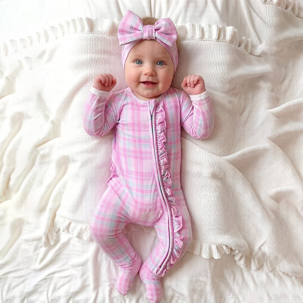 2PCS Graceful Plaid Print Zipper Long Sleeve Baby Jumpsuit